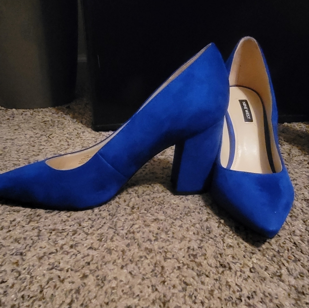 Blue Suede block heel pumps